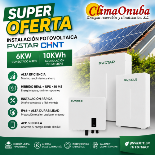 Instalación fotovoltaica híbrida 6Kw conectada a red. 10 KW baterías.